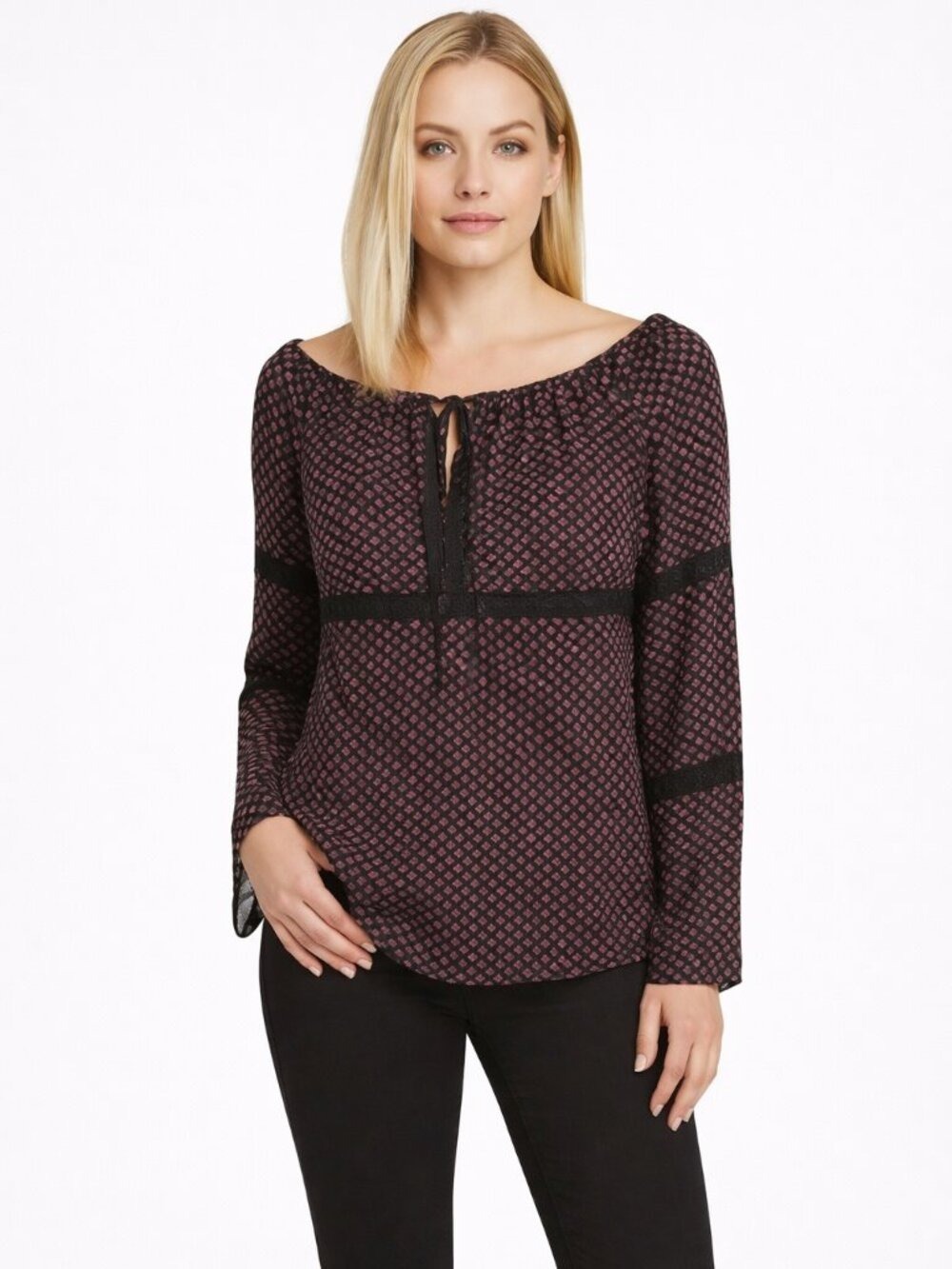 Karen Kane 100% Silk Boho Floral Lace Bell Sleeve Blouse | Size S